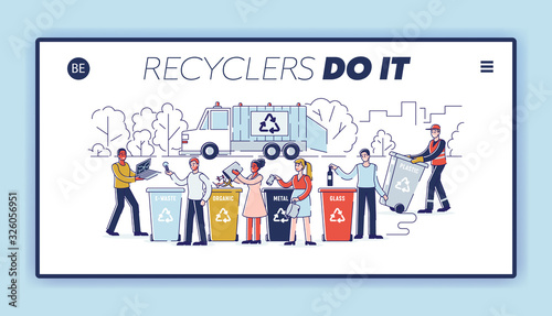 Recycling, Saving Ecology And Zero Waste Concept. Website Landing Page. People Are Sorting Garbage Throwing Trash Into Appropriate Recycle Bins. Web Page Cartoon Outline Flat Vector Illustration