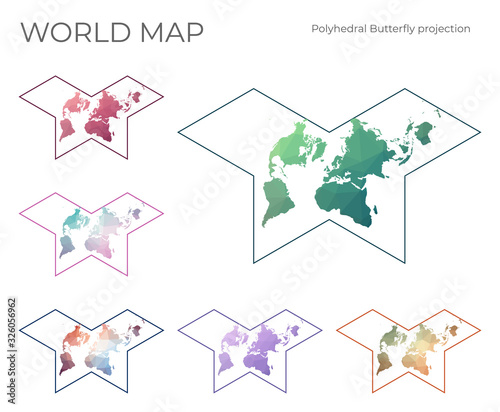 Low Poly World Map Set. Gnomonic butterfly projection. Collection of the world maps in geometric style. Vector illustration.