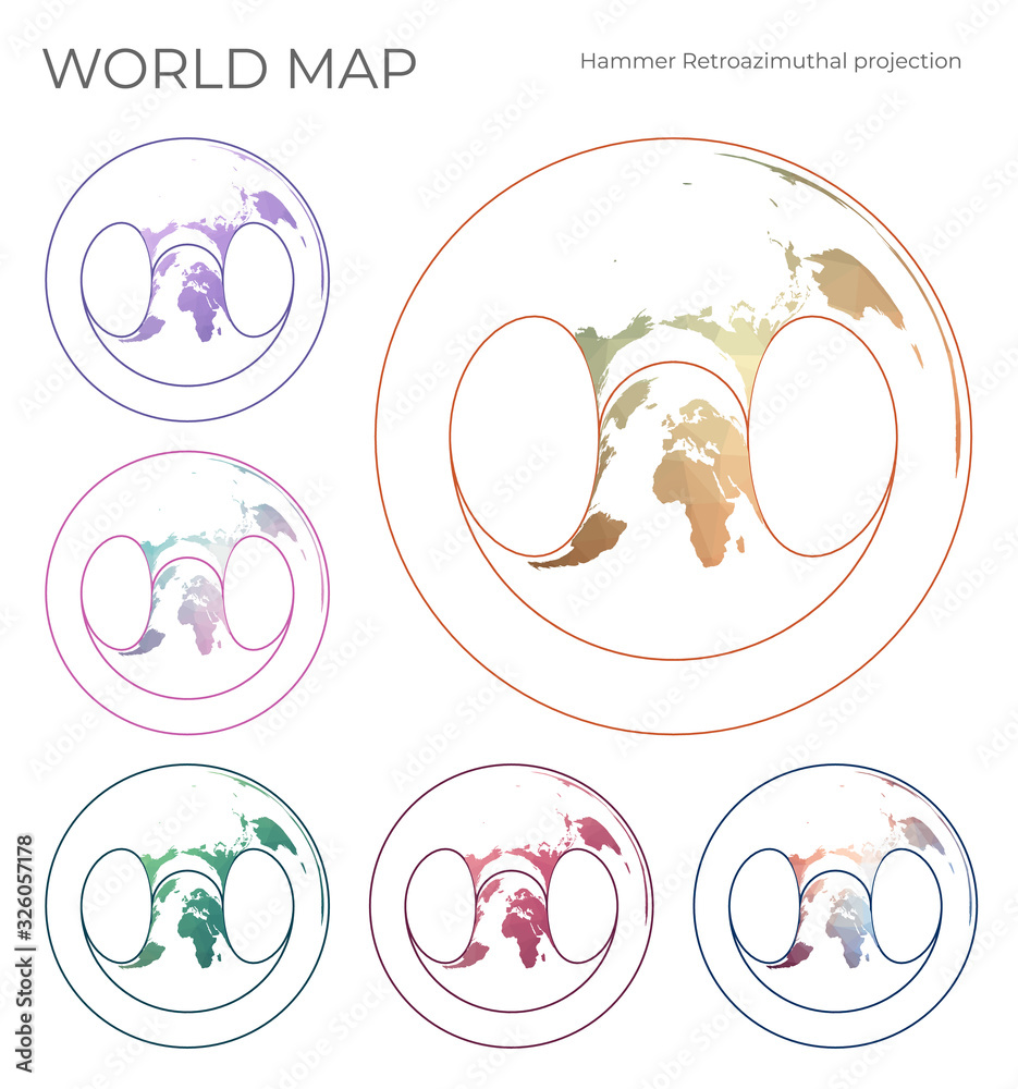 Low Poly World Map Set. Hammer retroazimuthal projection. Collection of the world maps in geometric style. Vector illustration. Low Poly World Map Set. Hammer retroazimuthal projection. Collection of the world maps in geometric style. Vector illustration.