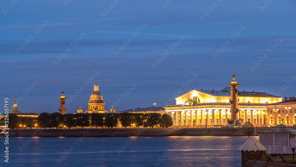 View of the Old Stock Exchange timelapse , rastralnye column, St. Isaac's Cathedral. St. Petersburg Russia