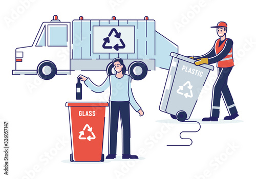 Recycling And Zero Waste Concept.Woman Is Sorting Garbage Throwing Bottle Into Recycle Bin. Refuse Collector Loading Waste Into Garbage Truck. Cartoon Outline Flat Vector Illustration