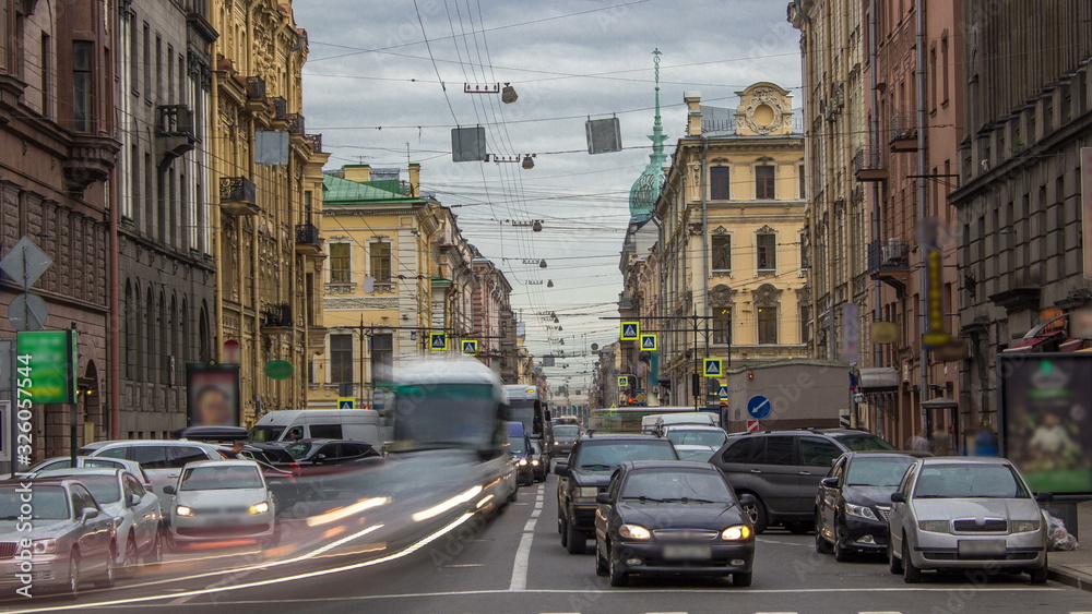Gorohovaya street traffic timelapse in historic part of city in St.Petersburg, Russia.