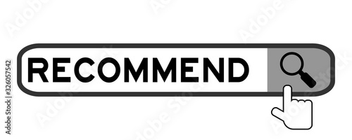 Search box with word recommend and hand icon over magnifier on white background