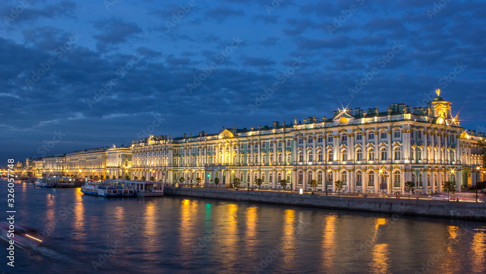 The winter Palace day to night timelapse and pier on the Palace embankment in summer in Saint-Petersburg