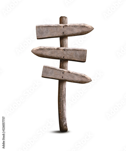 Empty Old Wooden Signpost Isolated on White Background. Left and Right Direction Guidepost Made from Weathered Wood.