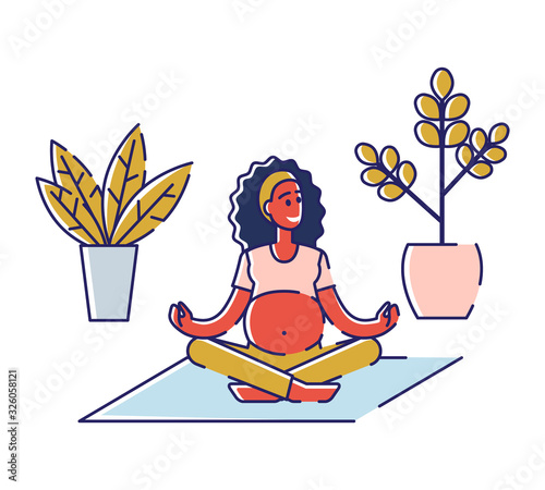 Concept Of Yoga For Pregnant, Motherhood, Newborn And Sport Fitness Activities. Happy Pregnant Woman On the Parenting Classes Do Special Exercises. Cartoon Outline Linear Flat Vector Illustration