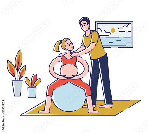 Concept Of Yoga For Pregnant, Sport Fitness Activities. Happy Couple Man and Pregnant Woman Are Visiting Parenting Classes, Exercising In The Gym. Cartoon Outline Linear Flat Vector Illustration