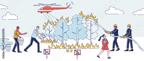 Forest Wildfire Concept. Fire Brigade With Volunteers Are Extinguishing Global Forest Fire By Means Of Ground And Aerial Machinery, Rescuing Animals. Cartoon Outline Linear Flat Vector Illustration