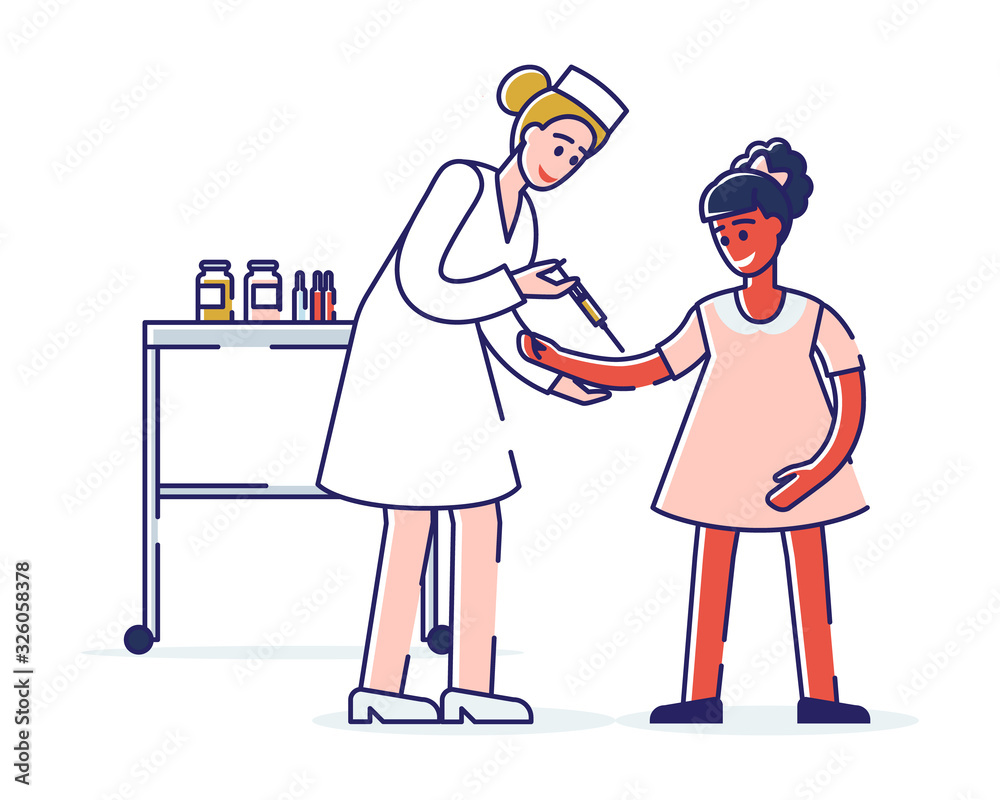 Healthcare And Children Vaccination Concept.Doctor Pediatrician Woman Protecting Kid From Viruses Make an Injection of Vaccine to a Girl In a Hospital. Cartoon Outline Linear Flat Vector Illustration