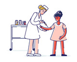 Healthcare And Children Vaccination Concept.Doctor Pediatrician Woman Protecting Kid From Viruses Make an Injection of Vaccine to a Girl In a Hospital. Cartoon Outline Linear Flat Vector Illustration