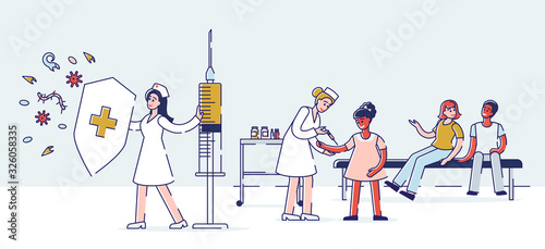Healthcare Children Vaccination Concept.Doctors Pediatricians Women Protecting Kids From Viruses Make an Injection of Flu Vaccine to a Kid In Hospital. Cartoon Outline Linear Flat Vector Illustration