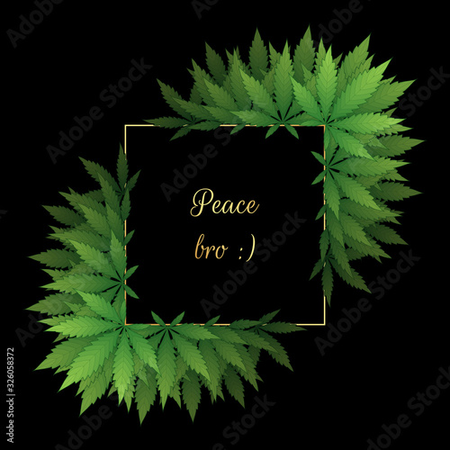 Vector background with cannabis leaves and space for text. Square golden frame and marijuana plants on black backdrop for your design of banner, cover and various products.