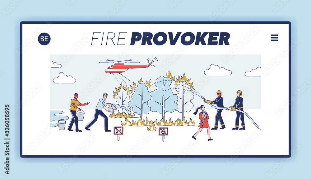 Firefighters and Volunteers Fighting with Fire in Forest Website Landing Page. Helicopter, People Bring Water in Buckets Pour Burning Plants Web Page Banner. Cartoon Flat Vector Illustration, Line Art