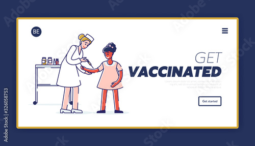 Vaccination, Immunization Procedure Website Landing Page. Doctor Put Injection to Kid. Medic Shoot Medicine to Girl Shoulder in Hospital Web Page Banner. Cartoon Flat Vector Illustration, Line Art