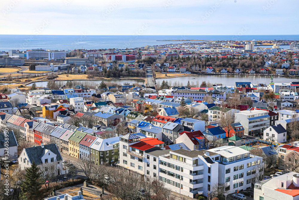 Panoramic view of the center of Reykjavik from Hallgrimskirkja church