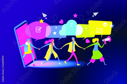 Referral marketing. Promotion method. Refer a friend loyalty program.  Men and women with speech bubbles.
