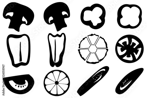 A set of twelve different vegetables, mushrooms, and fruits. Mushrooms, pepper, pineapple, tomato, lemon, eggplant, etc.