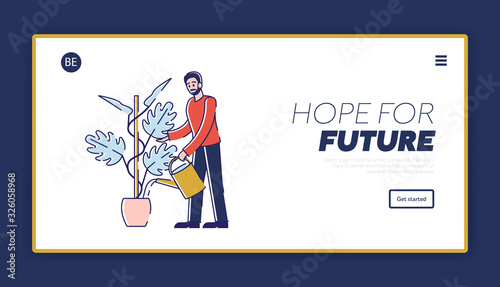 Young Man Watering and Planting Flower Website Landing Page. Gardener Working in Garden or Home Care of Plant in Pot Enjoying Gardening Hobby Web Page Banner. Cartoon Flat Vector Illustration Line Art