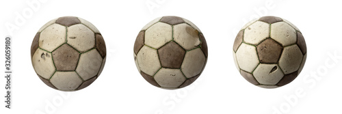 Three old real leather soccerballs isolated on white background.