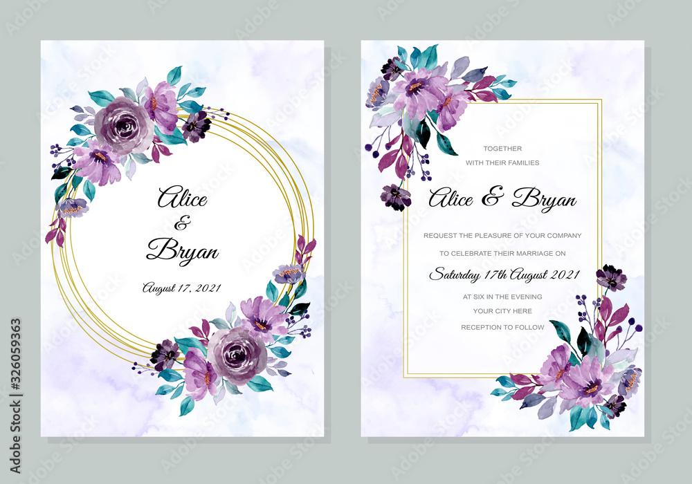 Obraz wedding invitation card with purple floral watercolor