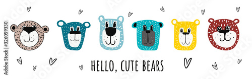Fototapeta cute bears.vector illustration hand-drawn in cartoon style.bear faces isolated on a white background.suitable for postcards,children s clothing,fabric design,stickers, posters,mug or t-shirt design.