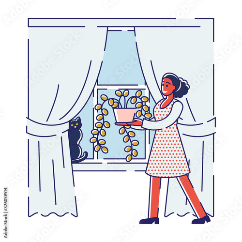 Young Woman Caring for Plants Carry Potted Flower to Put on Window at Home. Botanist Planting Houseplant, Grow Herbs, Planter Hobby. Girl Household Routine Cartoon Flat Vector Illustration, Line Art