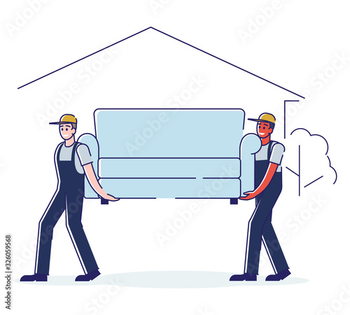 Relocation and Moving into New House. Workers Carry Sofa. Professional Furniture Delivery Company Loader Service. Deliverymen Wearing Uniform Carrying Couch Cartoon Flat Vector Illustration, Line Art