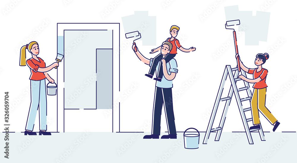 Happy Family with Kids Repair Home Painting Wall with Rollers Making