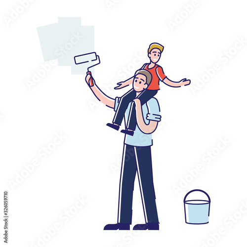 Young Family Make Repair at Home. Father and Little Son Sitting on Shoulders Coloring Wall with Paint Roller Overhaul of House. Renovation of House Interior Cartoon Flat Vector Illustration, Line Art