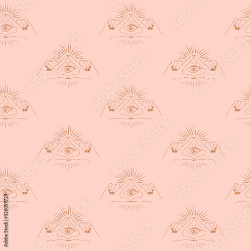 Seamless pattern with the sign of the Freemasonry, the  Eye of Providence and hands in the form of a triangle. Editable vector illustration