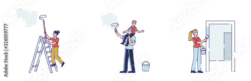 Set of Happy Family Repair Home, Father with Kid, Woman and Girl Painting Wall with Rollers Making Renovation. Parents and Children Moving in New House, Cartoon Flat Vector Illustration, Line Art