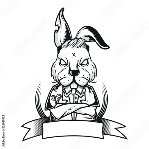 Logo The barber bunny stands on the chest, folds the ears, and sets the hair.