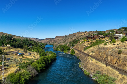 Deschutes River landscape in Maupin on a beautiful morning and sunny day, Deschutes Canyon, Wasco county, Central Oregon, USA.