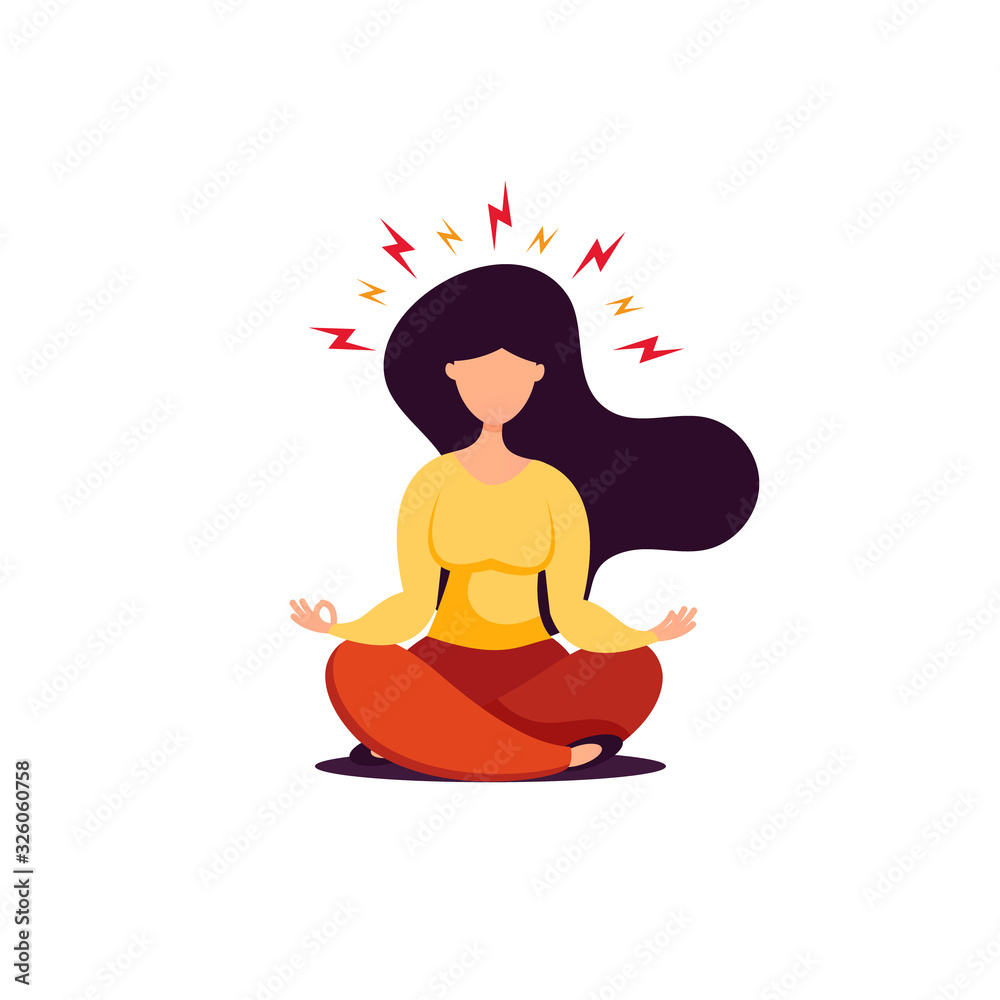 Young brunette girl sitting in lotus position, flat style. Antistress concept vector illustration. Young brunette girl sitting in lotus position, flat style. Antistress concept vector illustration.