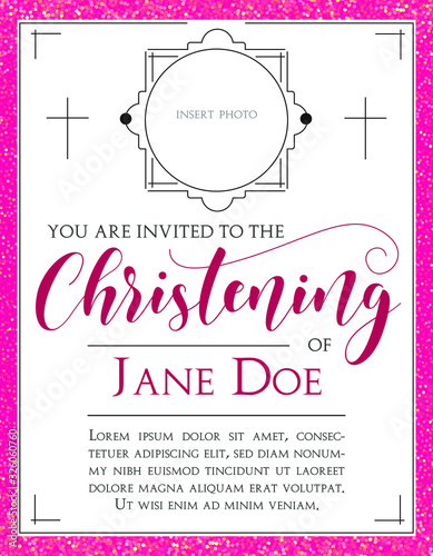 Girls Christening Invitation with beautiful lettering. Template in Vector about Baptism ceremony