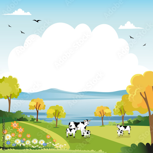 Spring landscape with blue sky and clouds,Panoramic Green fields by the lake, fresh and peaceful rural nature in springtime with green grass land. Cartoon vector illustration for kids banner