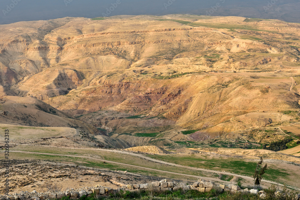Scenic aerial view from biblical Mount Nebo in Jordan