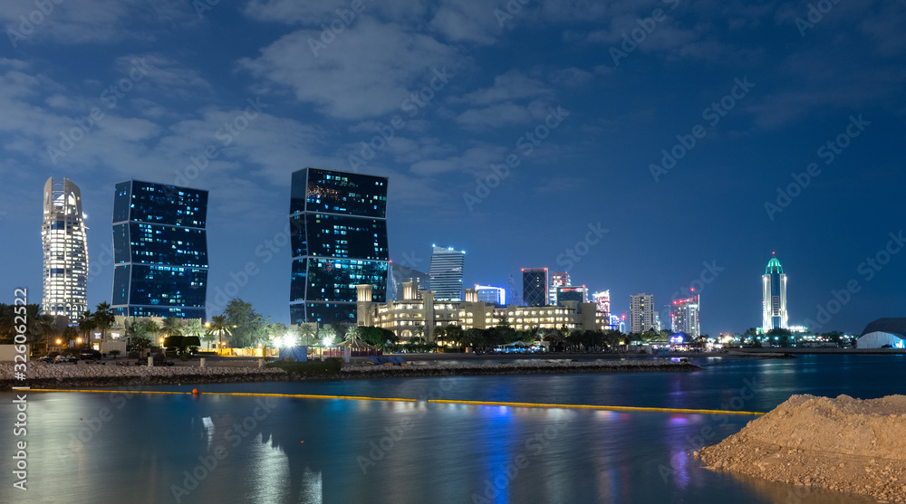 Night cityscape at Doha across the bay, Qatar