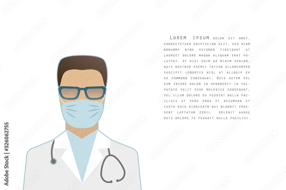 Flat style male doctor wearing glasses and a surgical mask, with a stethoscope, epidemic control concept, banner poster template with text, vector Flat style male doctor wearing glasses and a surgical mask, with a stethoscope, epidemic control concept, banner poster template with text, vector