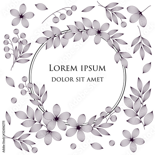 Black and white elegant striped leaves flowers and berries with veins  circle frame for a greeting card  invitation  book cover  vector