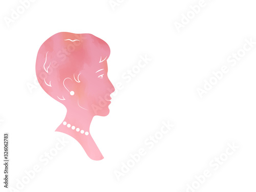 Beautiful female with short curly hair head portrait in pink, watercolor effect, with jewelry profile silhouette, vector