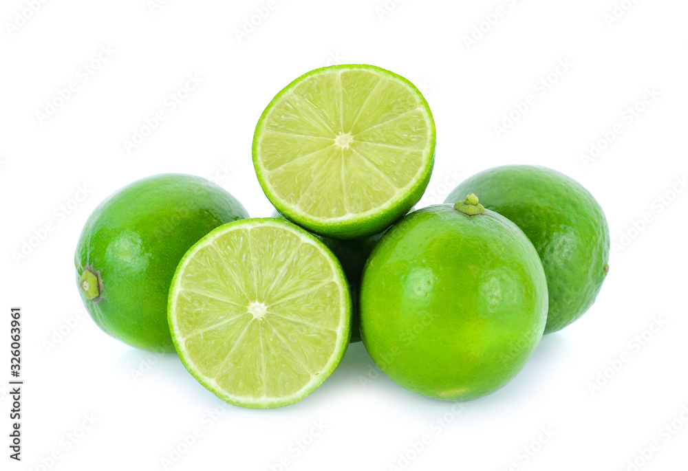 Half of lime citrus fruit (lime cut) isolated on white background.