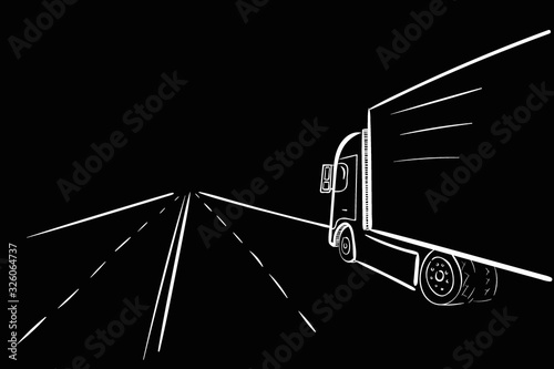 Truck and road afar white lines on black