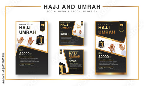 Islamic Ramadan Hajj & Umrah Brochure or Flyer and social media Template Background Vector Design With praying hands and mecca Illustration. photo