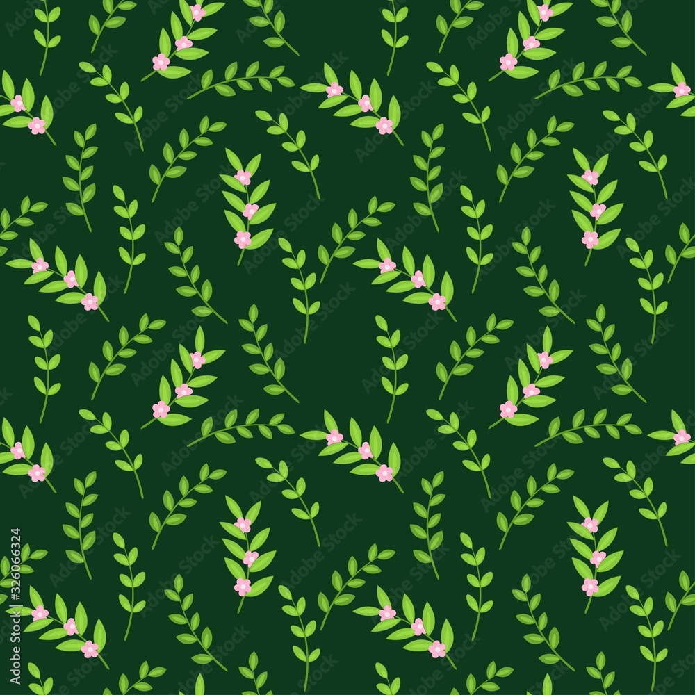 Seamless pattern of spring leaves on a green background. Stock vector illustration for decoration and design, packaging, wallpaper, fabrics, postcards, web pages, wrapping paper, posters and more.