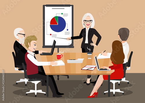 Cartoon character with business meeting. Flat people on presentation conference. Businesswoman at project strategy infographic. Team seminar vector concept vector