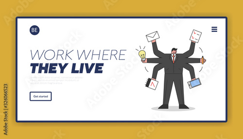 Businessman With Many Hands Holding Office Supplies in Arms.Website Landing Page. Multitasking and Self-employment Concept. Businessman Doing Multiple Tasks. Web Page Cartoon Flat Vector Illustration