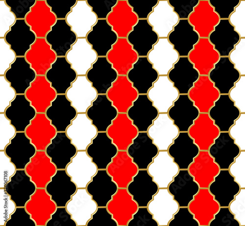 Mesh Harlequin ornament. Golden metallic grid with black, white and red cells. Abstract seamless pattern for interior decoration, design packaging and textile etc. Vector illustration