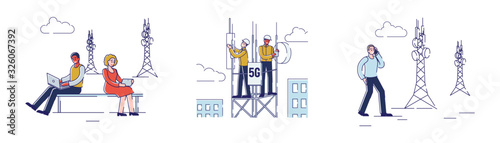 5G Wireless Technology Concept.People Use 5G Internet for Communication and Work. Workers on Repeater Tower Are Setting Up High-Speed Internet. Set Of Cartoon Linear Outline Flat Vector Illustrations photo