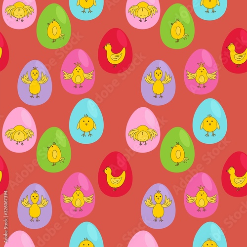 Seamless pattern with yellow chickens on bright eggs on a red background. Stock vector illustration for decoration and design, packaging, wallpaper, fabrics, postcards, web pages, wrapping paper